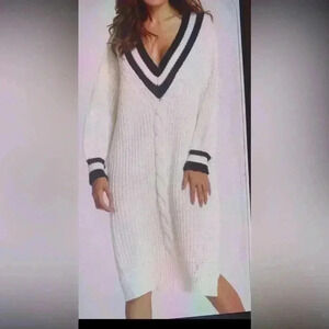 Color Style Loose Knit Dress V Long Sleeve Simple Casual Dresses Size Large.